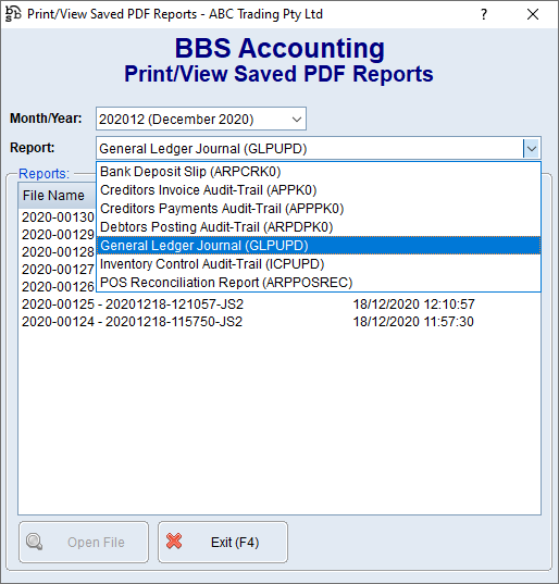 Print/View Saved PDF Reports Screen