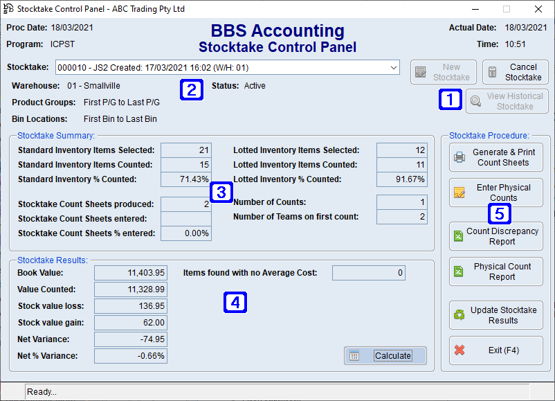 Stocktake Control Panel Screen