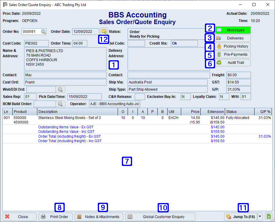 Sales Order Enquiry Screen