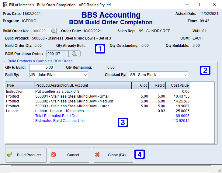 BOM Build Order Completion Screen