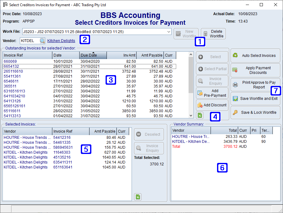 Select Invoices for Payment Screen