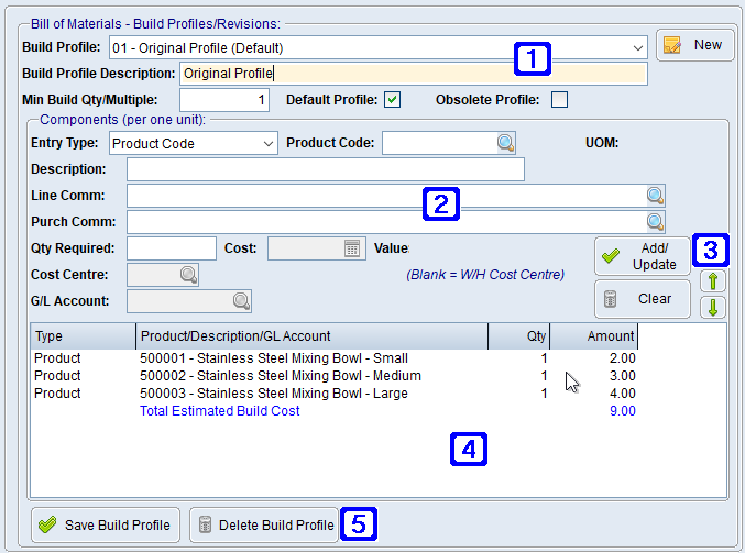 Bill of Materials/Bundle Components Tab Screen