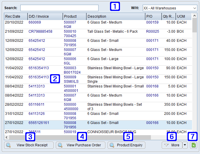 Stock Receipts History Tab Screen