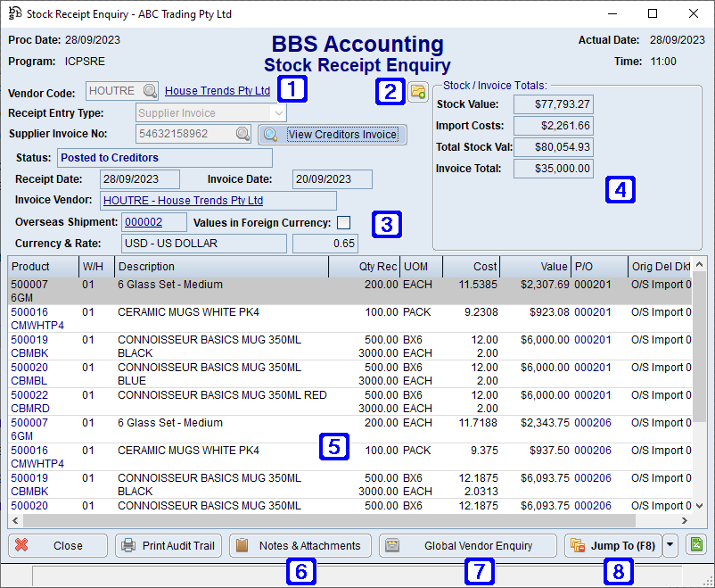 Stock Receipt Enquiry Screen - Overseas Import