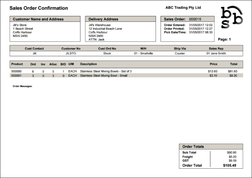 Example of a Sales Order Confirmation