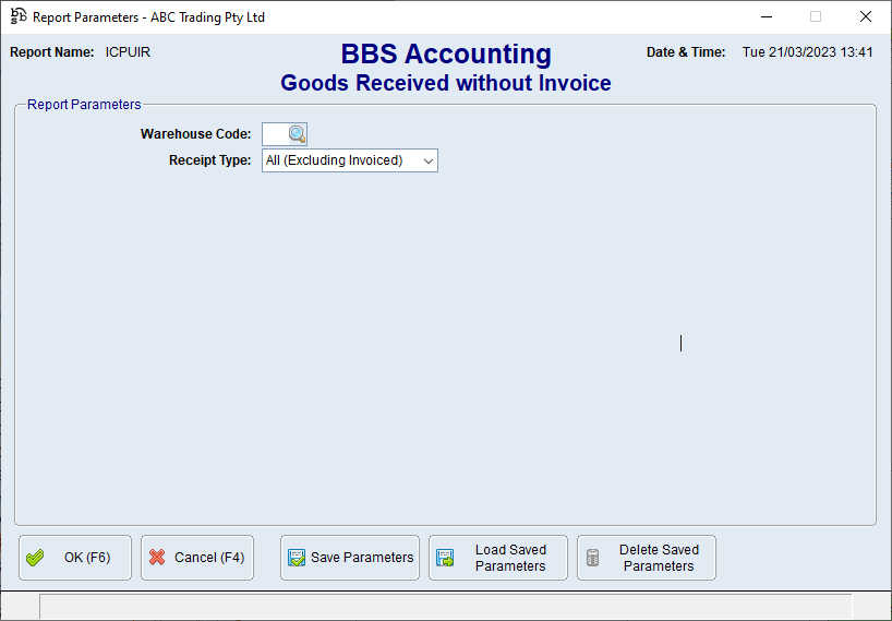 Goods Received Without Invoice Report Screen