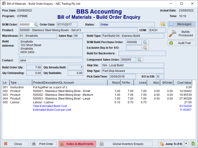 BOM Build Order Enquiry Screen