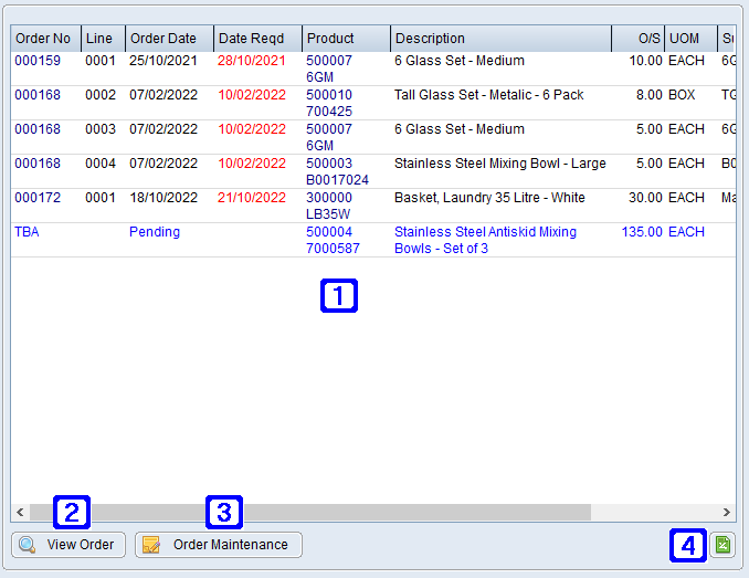 Outstanding Products on Order Tab Screen