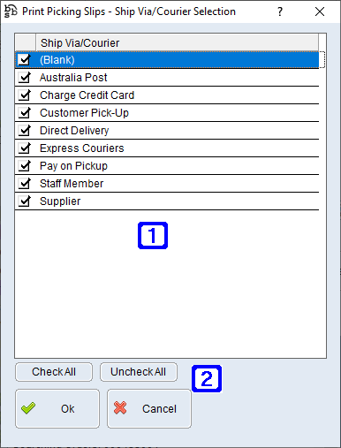 Print Picking Slips - Ship Via/Courier Screen