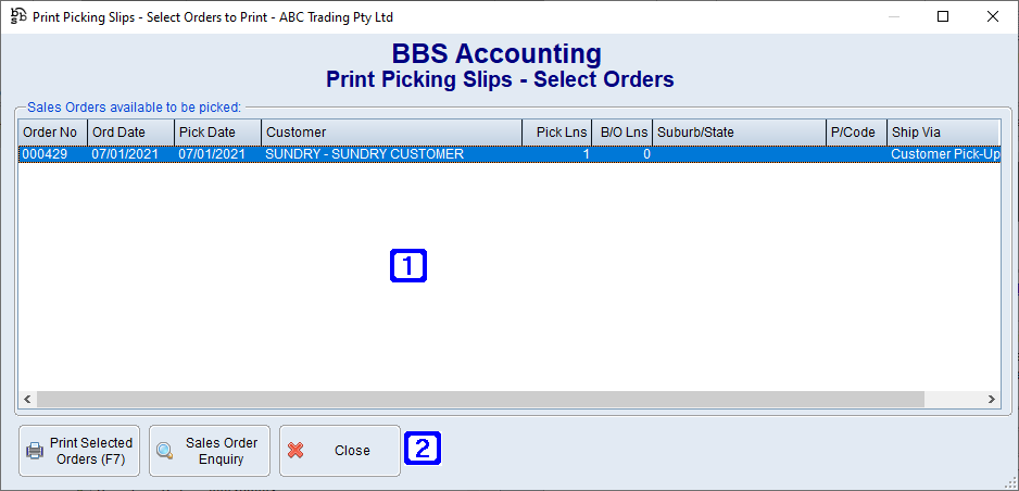 Print Picking Slips - Select Orders Screen