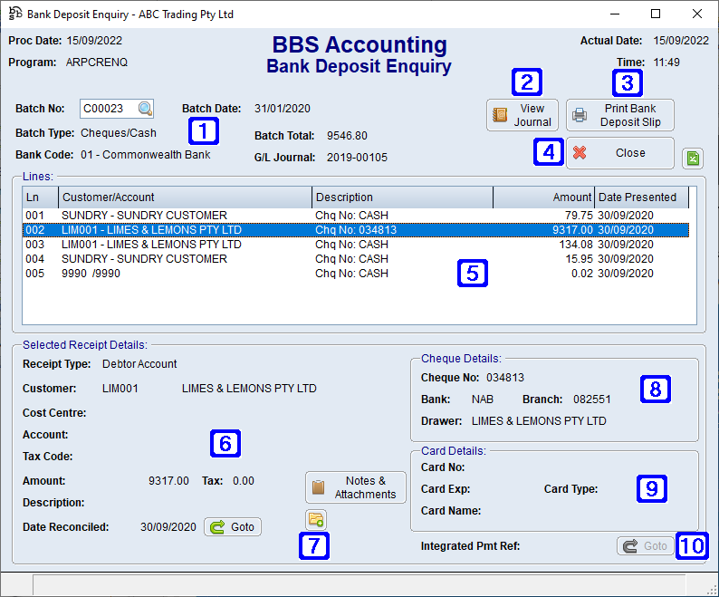 Bank Deposit Enquiry Screen