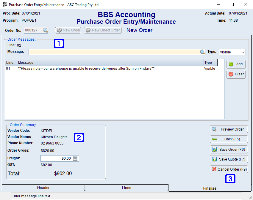 Purchase Order Entry/Maintenance - Finalise Tab Screen