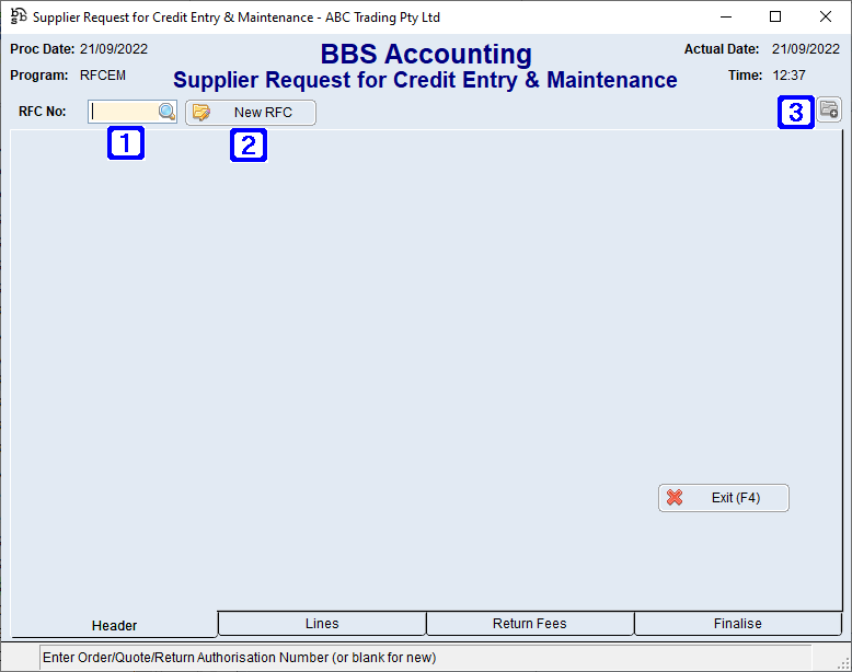 Supplier Request for Credit Entry & Maintenance Screen