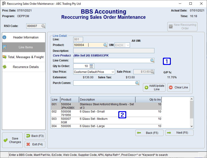 Reoccurring Sales Order Maintenance - Line Items Screen