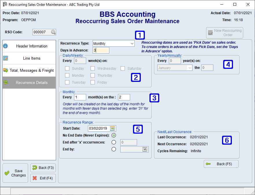 Reoccurring Sales Order Maintenance - Recurrence Details Screen