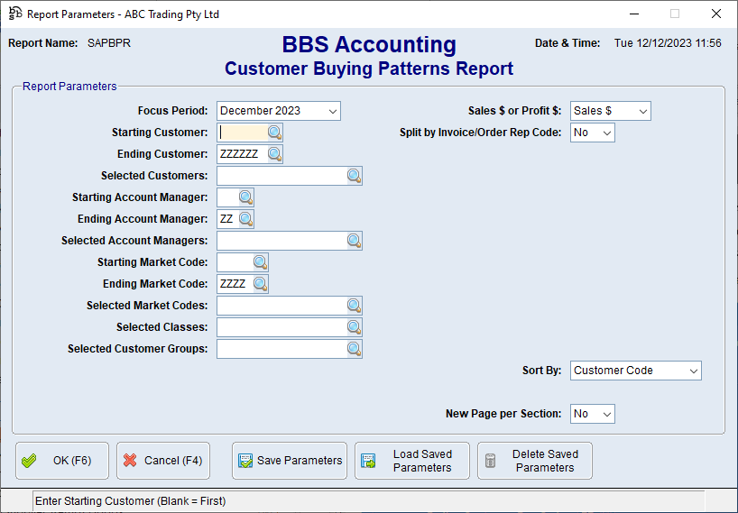 Customer Buying Pattern Report Screen