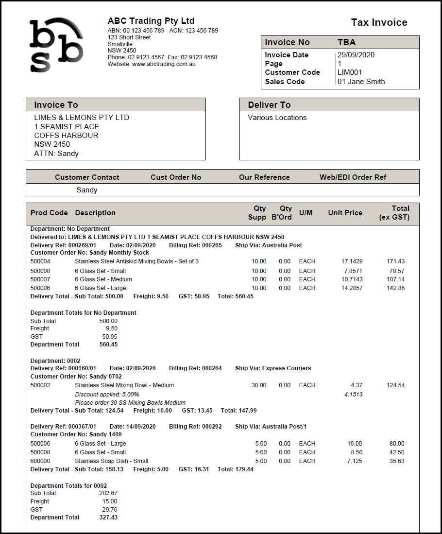 Example: Consolidated Invoice for a customer with multiple delivery codes where a single invoice is generated for the entire account