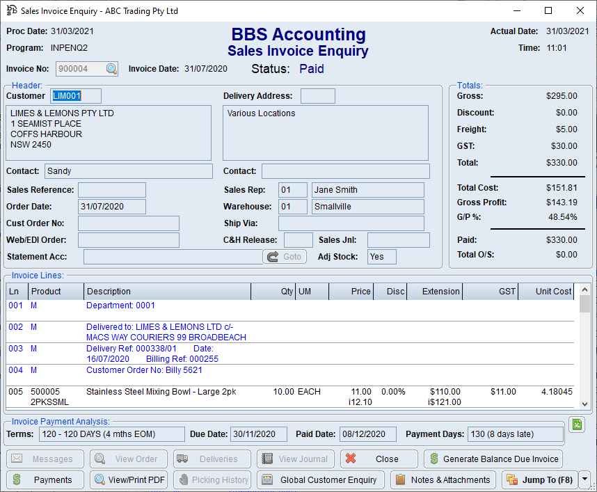 Example: Sales Invoice Enquiry of a consolidated invoice