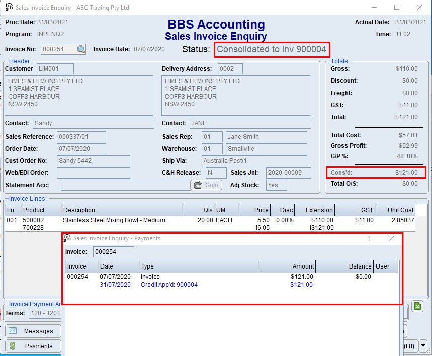 Example: Sales Invoice Enquiry of an internal invoice that has been replaced by a consolidated invoice 