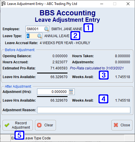 Leave Adjustment Entry Screen