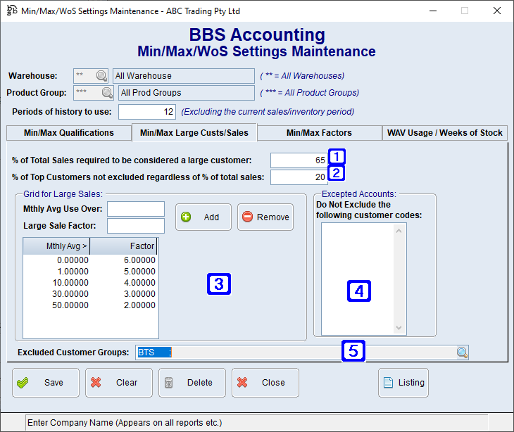 Min/Max/WoS Settings Maintenance - Min/Max Large Custs/Sales Screen