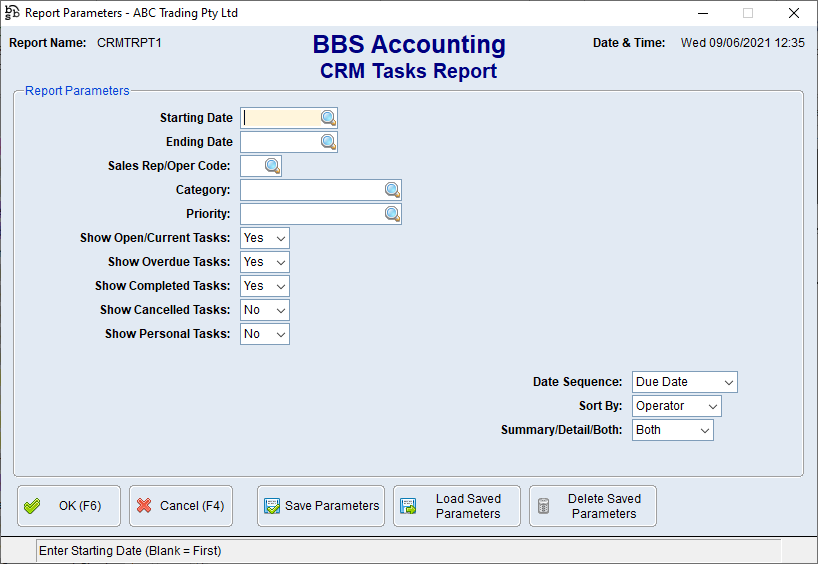 CRM Tasks Report Screen