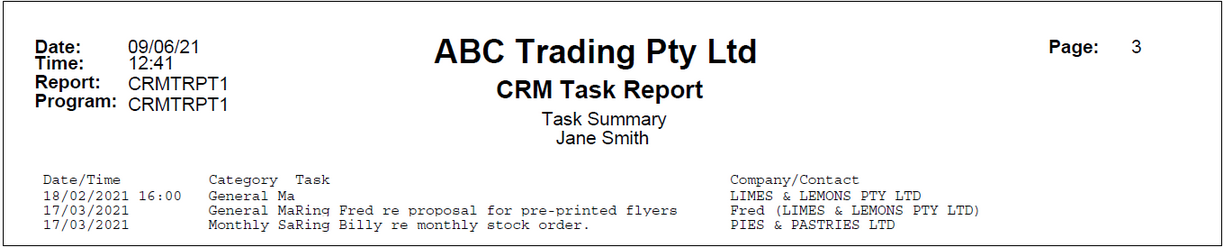 Example of CRM Tasks Report - Summary