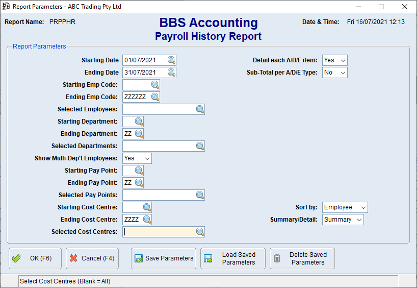 Payroll History Report Screen