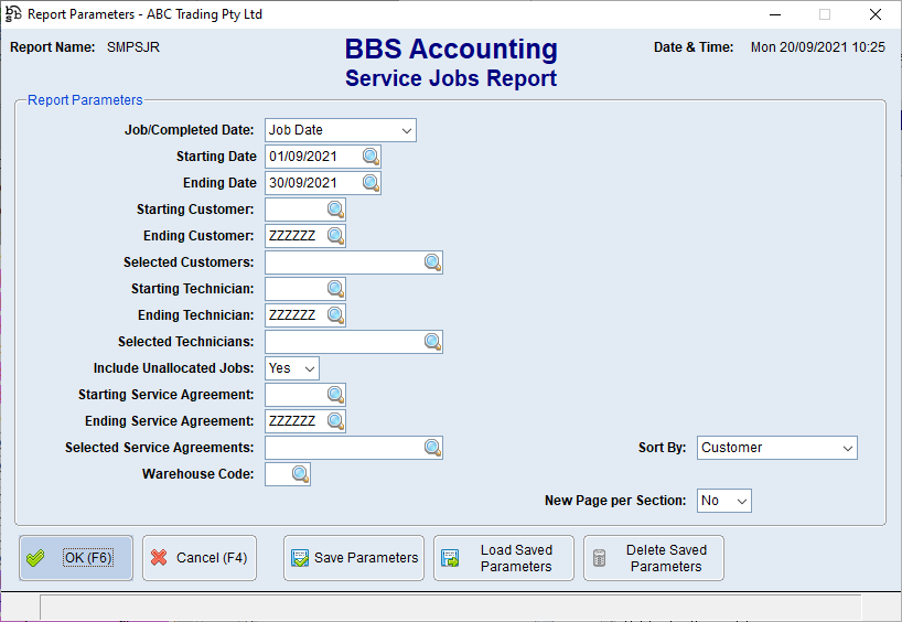 Service Jobs Report Screen Service Jobs Report Screen