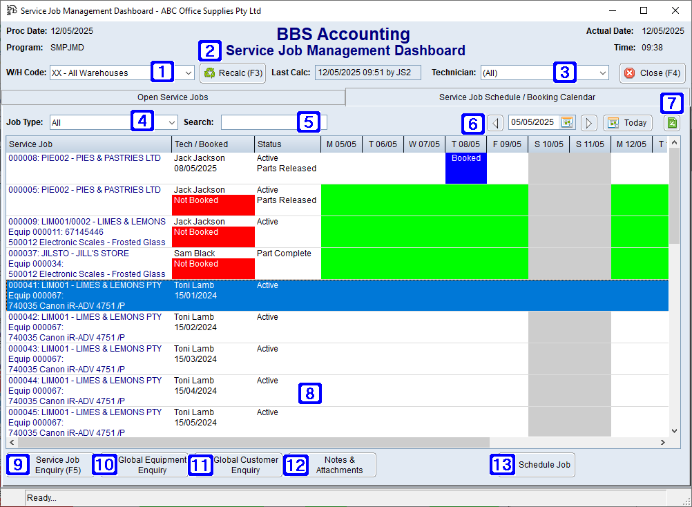 Service Job Management Dashboard - Service Job Schedule/Booking Calendar Screen Service Job Management Dashboard - Service Job Schedule/Booking Calendar Screen