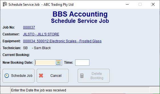 Schedule Service Job Screen Schedule Service Job Screen