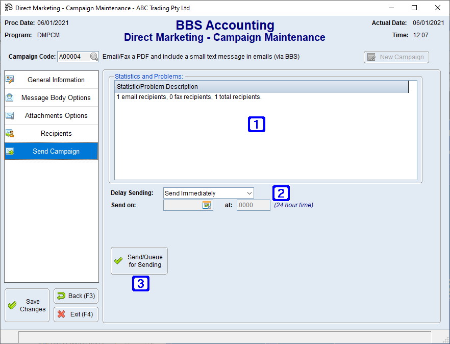 Direct Marketing Campaign Send Campaign Screen