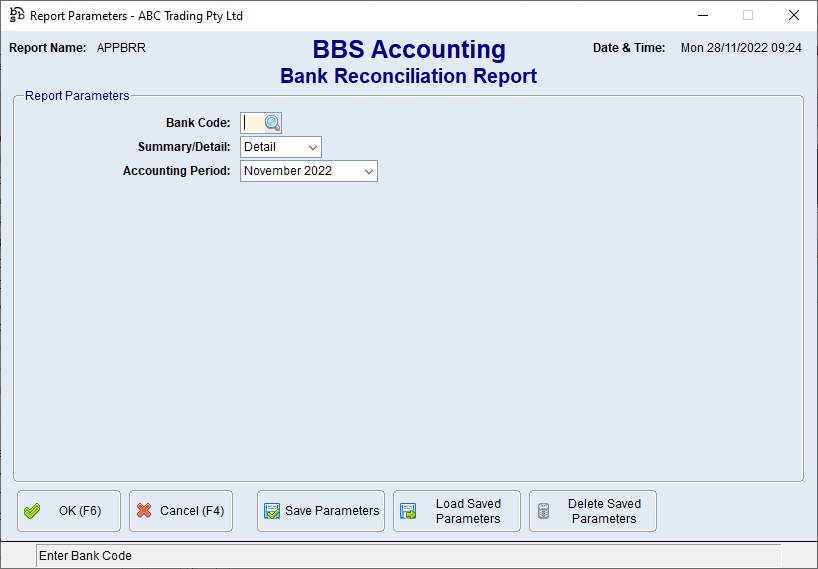 Bank Reconciliation Report Screen