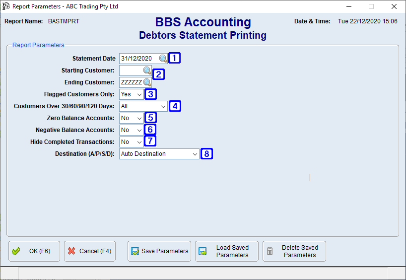 Debtors Statement Printing Screen